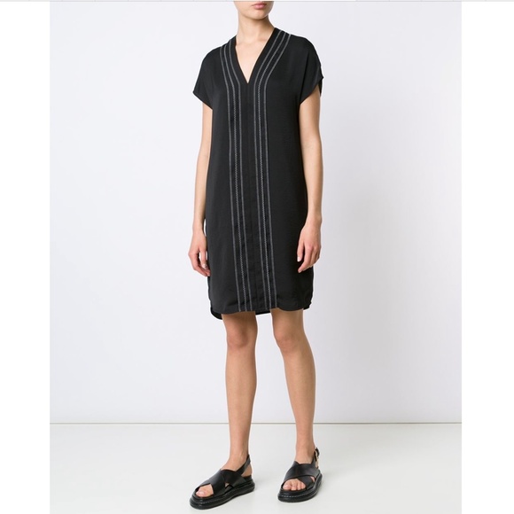 Vince Embroidered Pleated V-Neck Shift Dress Black Women’s Size 4 - Picture 1 of 15